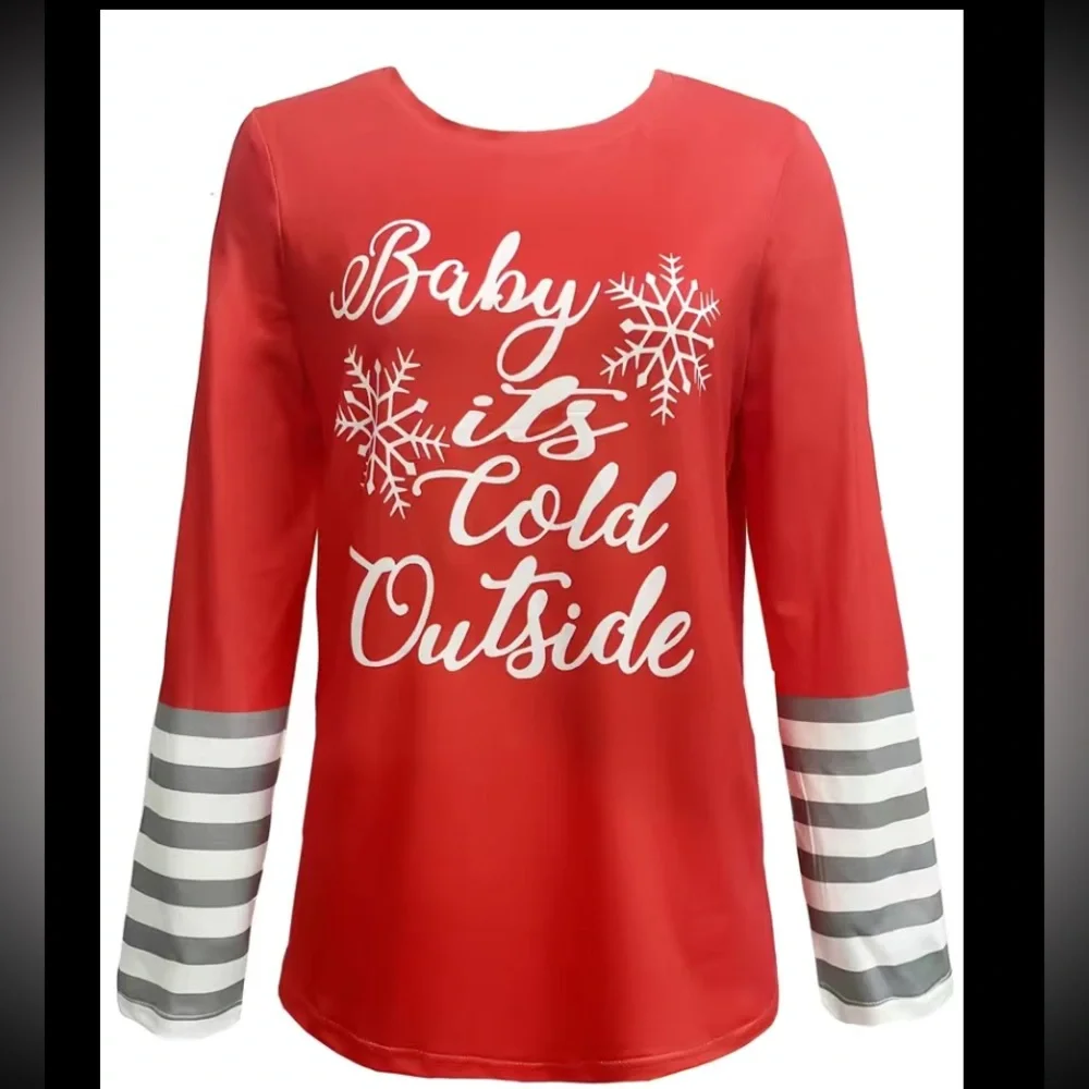 Woman’s Christmas “Baby it’s Cold Outside” striped sleeves Top. Size: Various - Picture 2 of 7